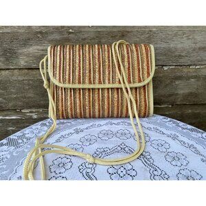 Vintage 1970s Woven Straw Crossbody Bag Purse Boho Retro